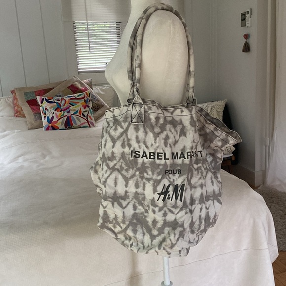 Isabel Marant x h&m, Alo big cotton beach shopper tote, grey cream tie dye style - Picture 5 of 5